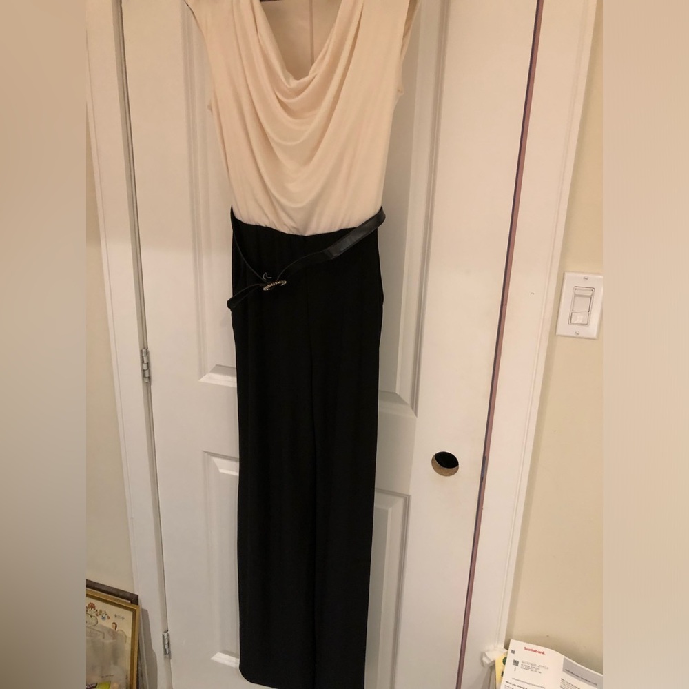 cleo Two-Tone Draped Cowl-Neck Jumpsuit in Cream and Black